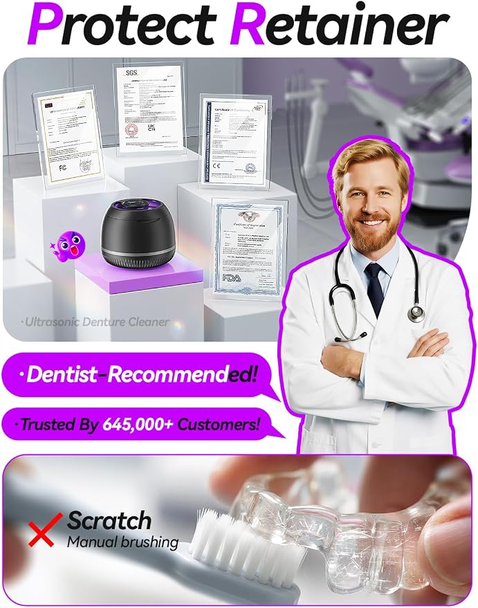 Beser Ultrasonic Retainer Cleaner, 2X Clean, Dental Retainer Cleaner Machine Pod for Aligner, Nightguard, Mouth Guard, Denture Cleaner, Oral Dental Care, IPX6, 200ML (Black)