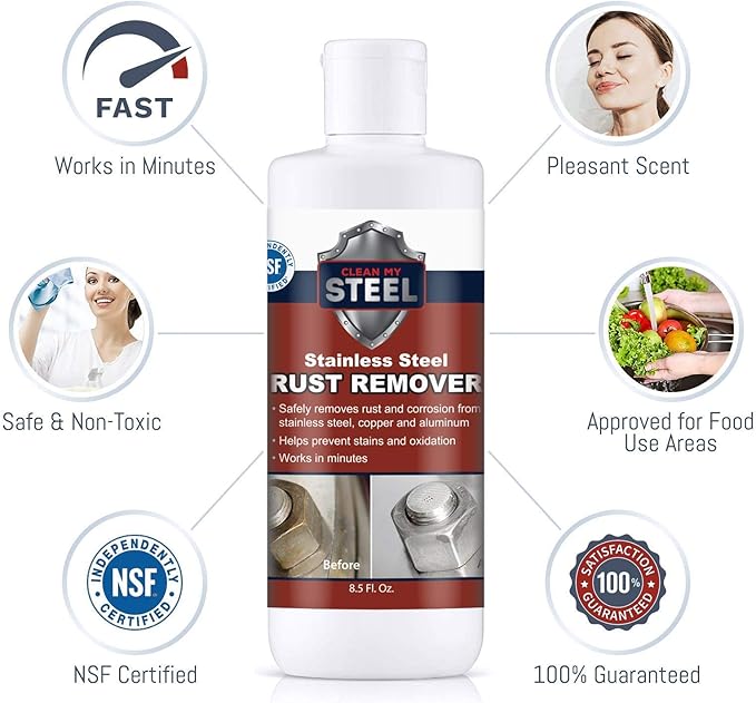 CLEAN MY STEEL Stainless Steel Rust Remover and Protector Kit, NSF Certified, 8.5 oz, Includes B570 Rust Remover, B580 Cleaner and Protector, Sponge and Gloves