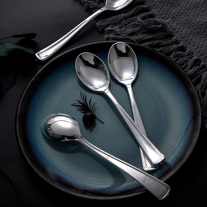 Liacere 200PCS Silver Plastic Spoons - Heavy Duty Disposable Spoons - dessert Spoons for Wedding & Party & New Year & Valentine's Day& Christmas