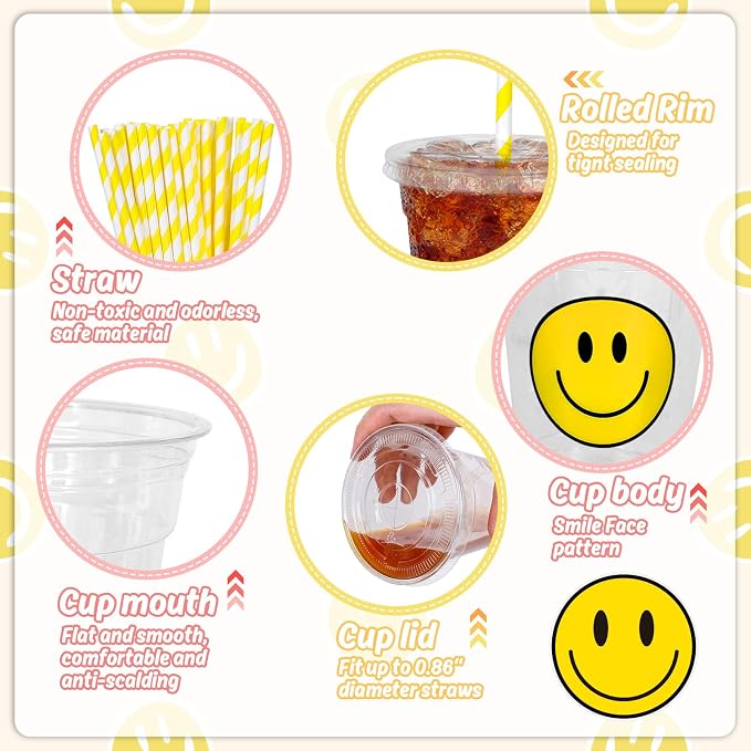 Whaline 50Pcs One Happy Dude Smile Face Disposable Plastic Cups with Lid and Straws 12oz Happy Face Party Cups Cold Beverage Drinking Cup for Fall Birthday Baby Shower Wedding Party Supplies