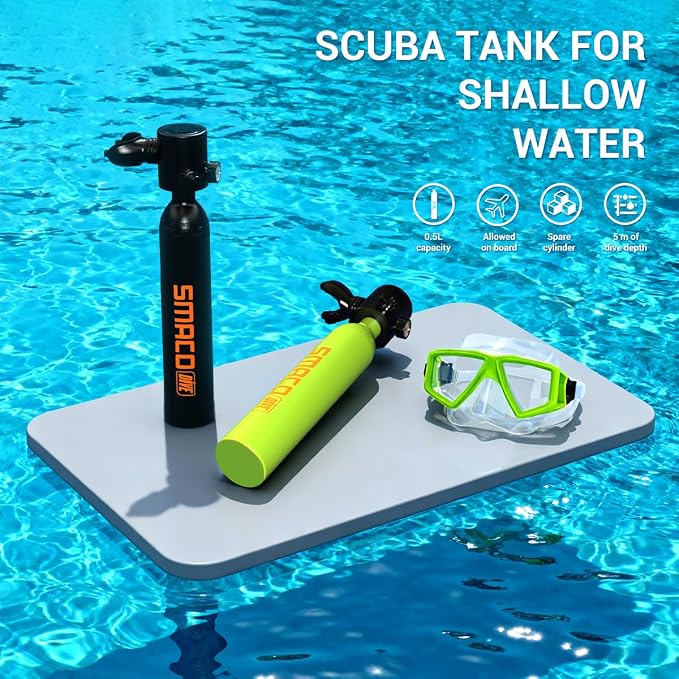 SMACO Mini Scuba Tank 0.5L Portable Reusable Diving Tank Emergency Diving Cylinder for Snorkeling, Freediving, Boat Cleaning & Air Backup Lightweight & Compact Design Pony Bottle S300