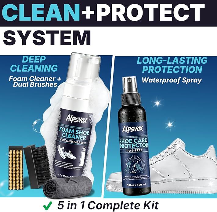 Shoe Cleaner Kit, Sneaker Cleaner Kit with 6.76 oz Shoe Cleaner Foam & 5 oz Shoe Protector Spray, Includes 2 Premium Brushes & Microfiber Towel for White Shoes, Leather, Mesh, Knit, Canvas, Boots