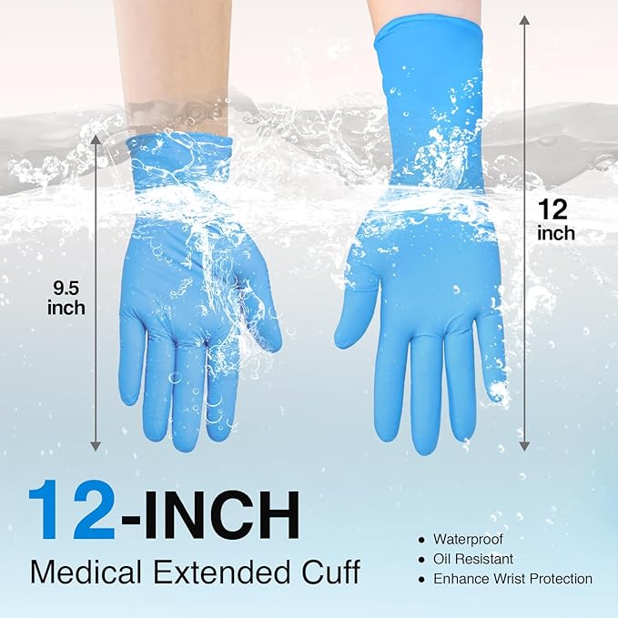 Schneider Nitrile Exam Gloves, Extended 12 Inches Cuff, Large, 4 mil, 50-ct Box, Gloves Disposable Latex Free, Powder Free for Medical, Food Prep, Cleaning, Cooking, Blue
