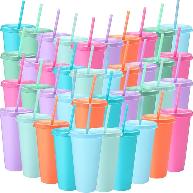 Honeydak 60 Pack Tumbler with Straw and Lid Bulk Cups for Gifts Water Bottle Iced Coffee Travel Mug Cup Reusable Plastic Tumblers for Party Birthdays 24-27 oz (Macaron Color)