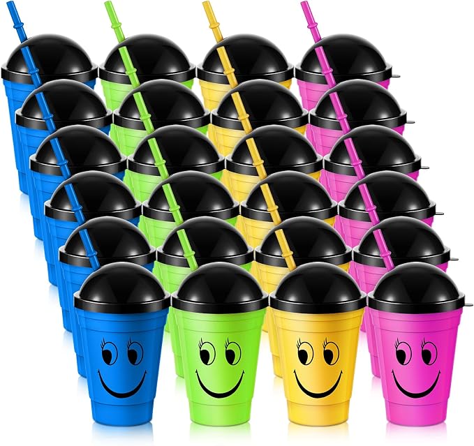 Bokon 24 Pack Smile Face Sipper Cups with Lids and Straws for Kids 12 oz Reusable Plastic Kids Cups with Lids for School Events Birthday Party Supplies, 4 Random Colors