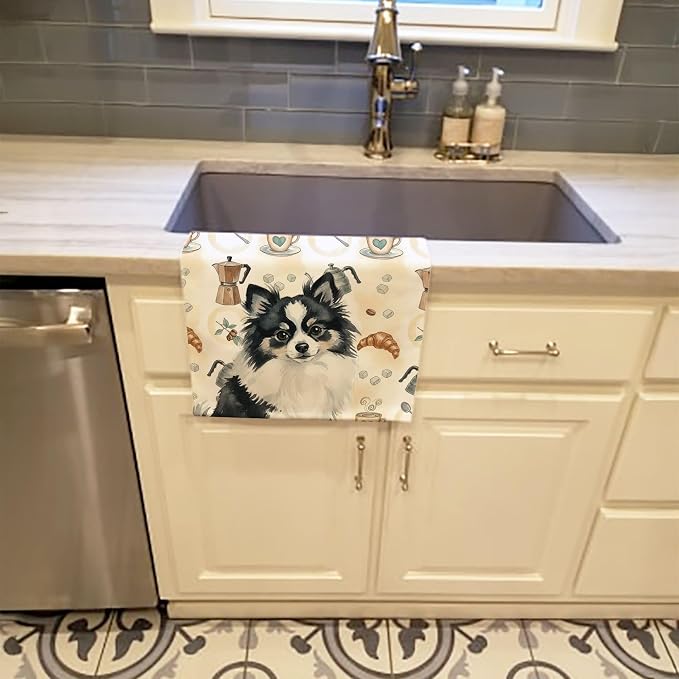 Caroline's Treasures Black and White Pomeranian Coffee Bar Kitchen Towel Velour Plush Front and Cotton Loop Back Machine Washable