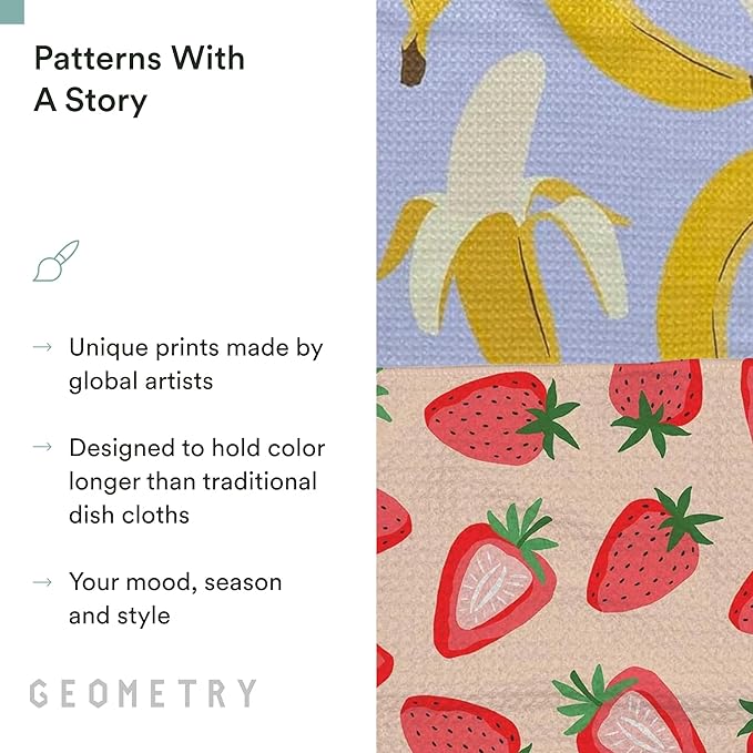 GEOMETRY Kitchen Dish Cloths - Spring & Summer Collection - Premium Dishcloths with Geoweave - Absorbent & Fast Drying Kitchen Towels - Strawberry Banana, 10" x 10" - 3-Pack