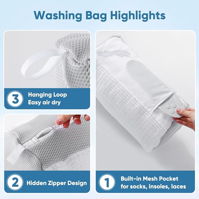 2PCS XXL Shoe Washing Machine Bag with Adjustable Shoes Trees - Heavy Duty Reusable Shoe Laundry Bag for Washer and Dryer - 360° Deep Clean & Protect Chenille Microfiber Sneakers Wash Bags - White
