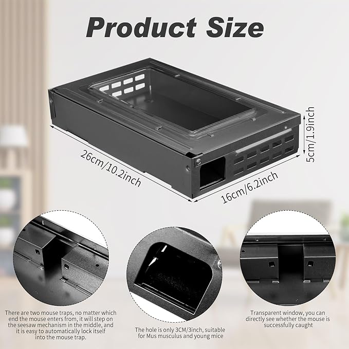 Qualirey 6 Pack Multi Catch Mice Trap Clear Top Humanized Mouse Trap Rodent for Indoor Outdoor Rat Control Pet and Security (6.3 Inch,Black)