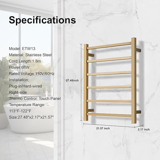 Electric Heated Towel Warmer - Wall Mounted Bathroom Towel Rack, Plug-in Design & Brushed Stainless Steel 6 Bar Gold with Single Press