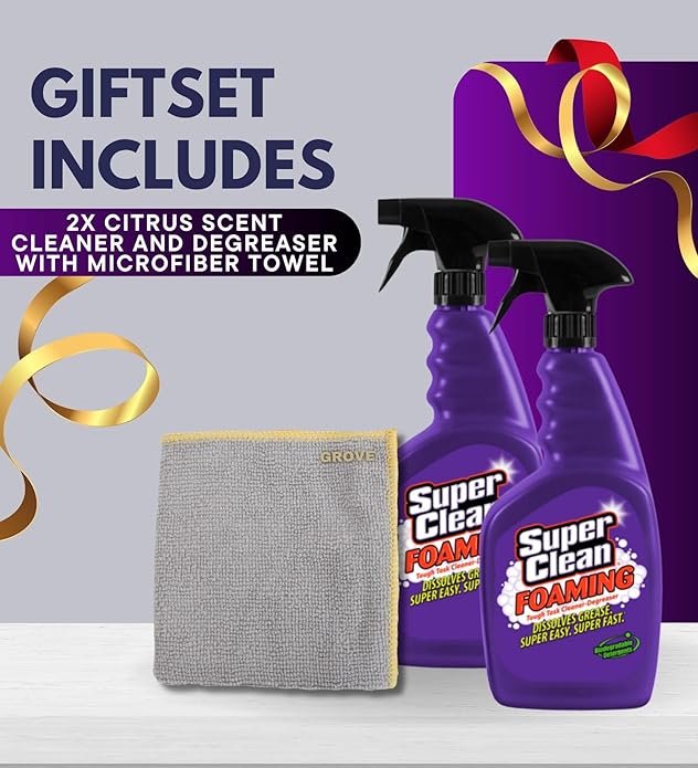 Super Clean Citrus Scent Foaming Cleaner and Degreaser Spray 32 oz Bundle with Microfiber Cloth - Heavy Duty Degreaser for Kitchen, Oil, Grime, and Dirt Removal - (3 Items)