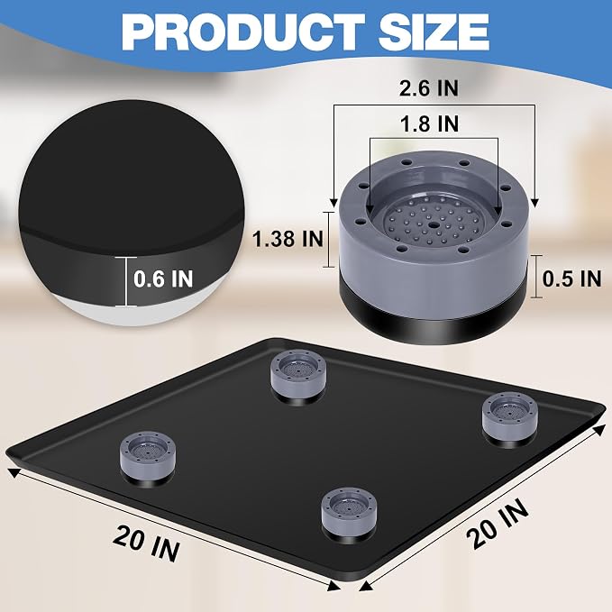 ToLanbbt Mini Fridge Silicone Mat with 4 Base Raisers - 20" x 20" x 0.6" Mini Fridge Drip Tray Under Refrigerator Mat Carpet Floor Protector Leak-Resistant Portable AC Pan for Washing Machine, Black