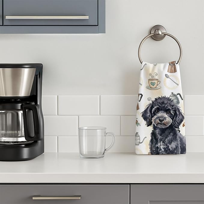 Caroline's Treasures Toy Black Poodle Coffee Bar Kitchen Towel Velour Plush Front and Cotton Loop Back Machine Washable