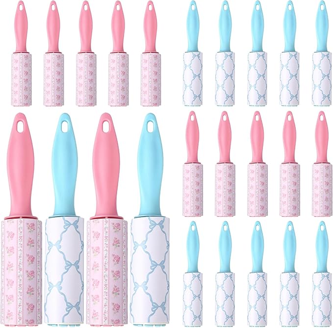 Zhehao 24 Pcs Mini Lint Rollers for Pet Hair Travel Size Clothes Sticky Lint Removers Blue Pink Roller Hair Removal Tools for Dog, Cat, Furniture, Travelers, Pet Owners