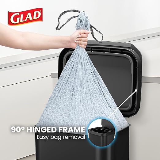 Glad 20 Gallon All Stainless Steel Trash Can with Clorox Odor Protection | Large Metal Kitchen Garbage Bin with Soft Close Lid, Garbage Bag Rings, Step On Foot Pedal and Waste Bag Roll Holder, Black