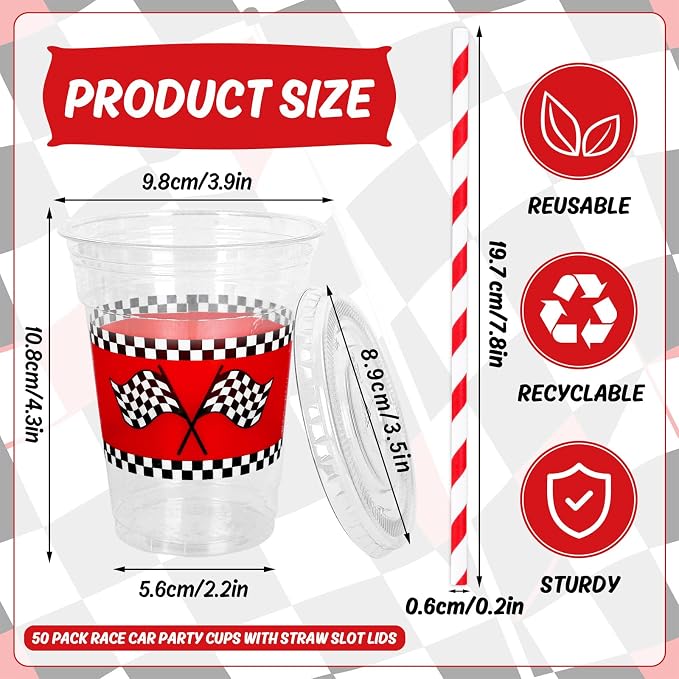 FYSUIMU 50Pcs Race Car Birthday Disposable Plastic Cups with Lids and Straws 12Oz Red Black Checkered Flag Race Track Cold Beverage Drink Cups for Racing Car Party Supplies