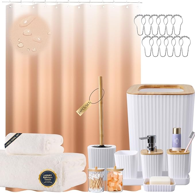 XLHOMO White Bathroom Set with Shower Curtain and Bath Towels, Beige Ombre Waterproof Shower Curtain with Stainless Steel Hooks, White Bathroom Accessories Set for Home Decor