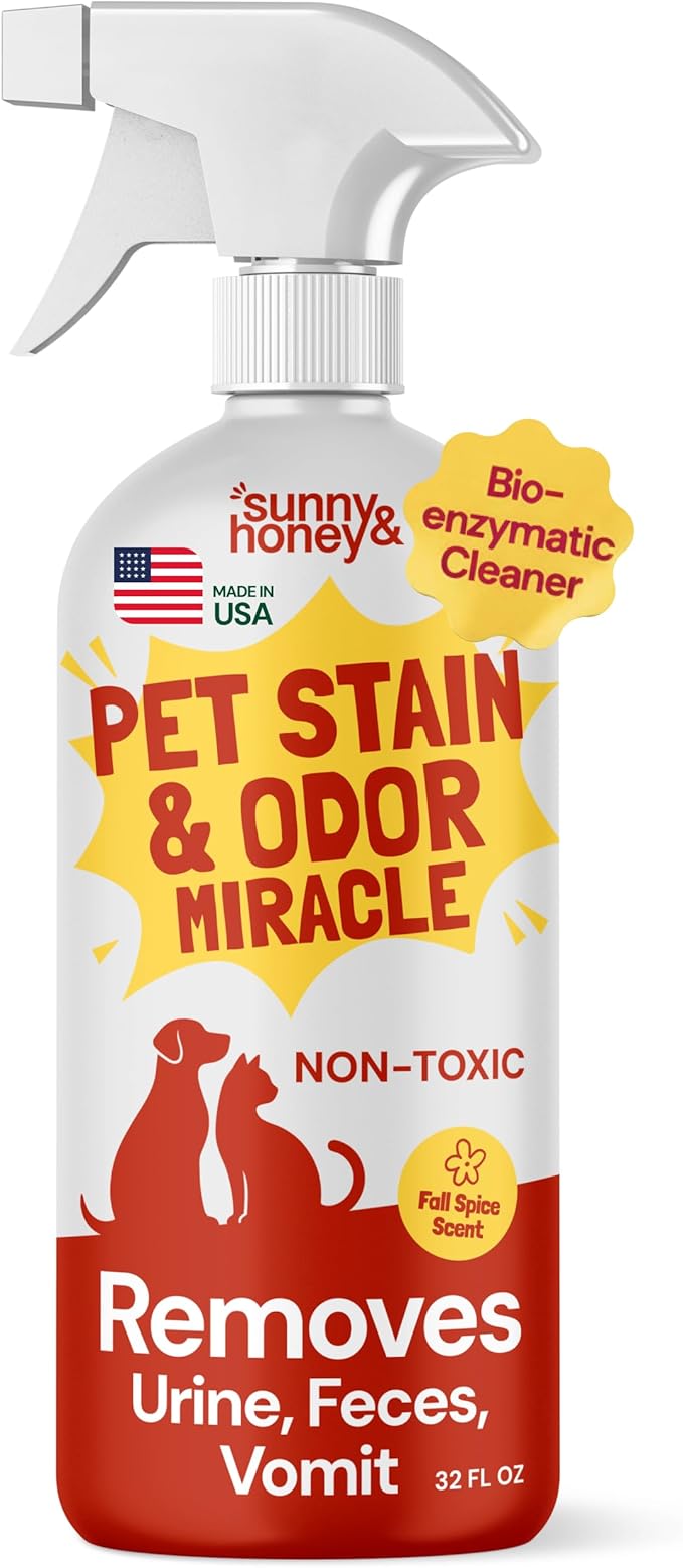 Sunny & Honey Pet Stain and Odor Remover - Enzyme Cleaner for Dog Urine and Poop on Carpets and Furniture - Strong Pet Carpet Cleaner Spray (32fl oz Fall Spice)