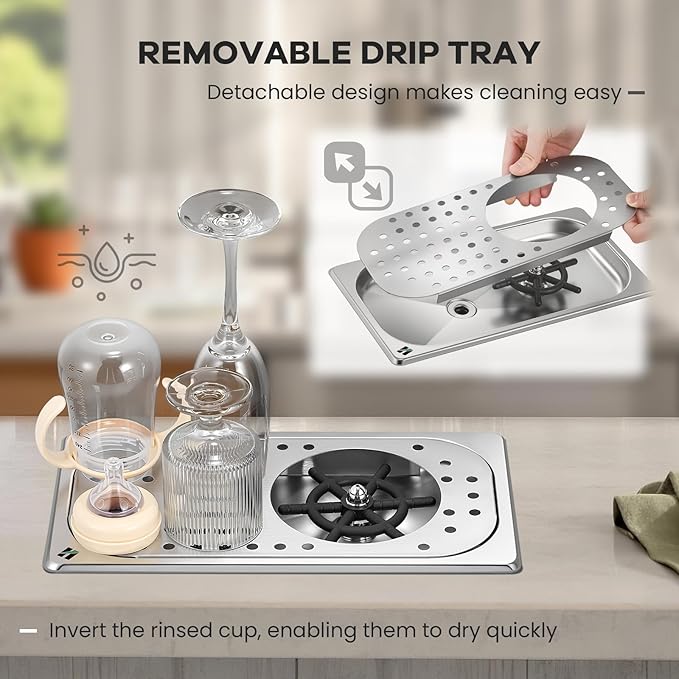Huanyu Pitcher Rinser with 360 Degree Rotating High-Pressure Nozzle | Stainless Steel Glass Rinser with Drain and Drip Tray | Auto Cup Washer for Household and Commercial | 12.78×6.97×1.58 in