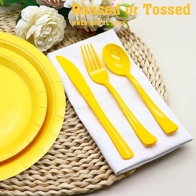 150 Pack Yellow Plastic Silverware, Yellow Utensils Include 50 Plastic Forks 50 Spoons 50 Knives for Birthday Party, Wedding, Picnic