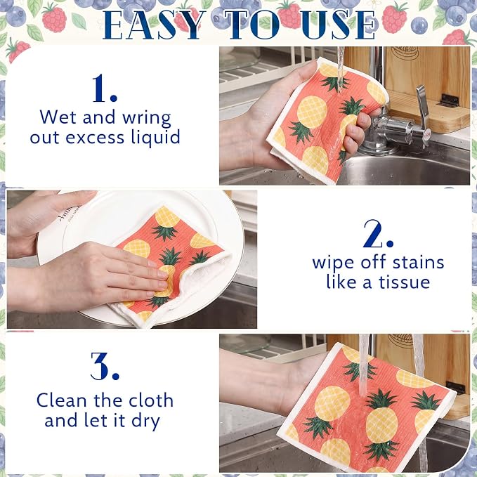 Mifoci 12 Pcs Fruit Swedish Kitchen Dishcloths 7 x 8 Inch Reusable Vintage Fruit Dish Towels Absorbent Cotton Cleaning Cloths for Kitchen Cleaning Wipes Housewarming