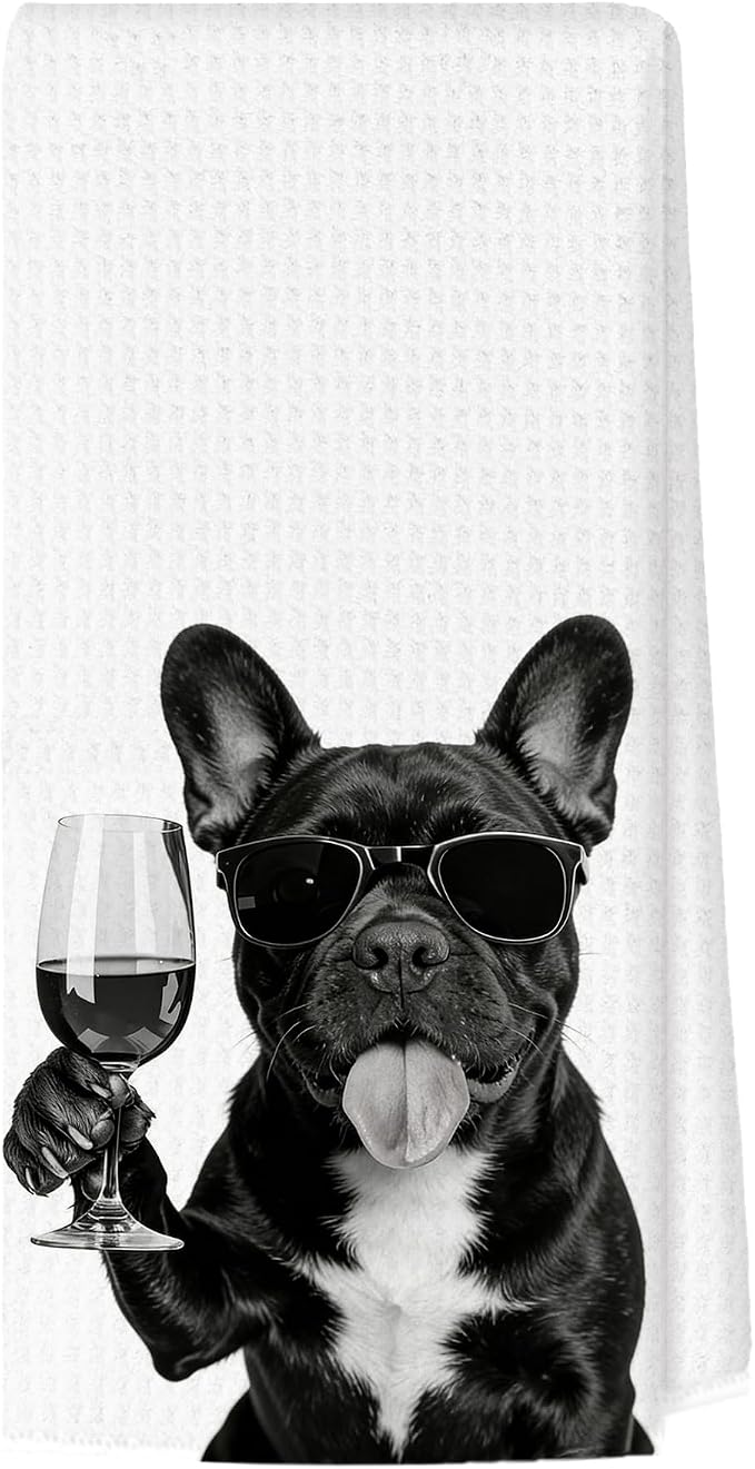 Funny French Bulldog Wine Bar Kitchen Towels, French Bulldog Gifts for Women Decorative Hand Towels for Kitchen Decor, Frenchie Mom Gifts Dish Tea Towel, 16x24 Inch