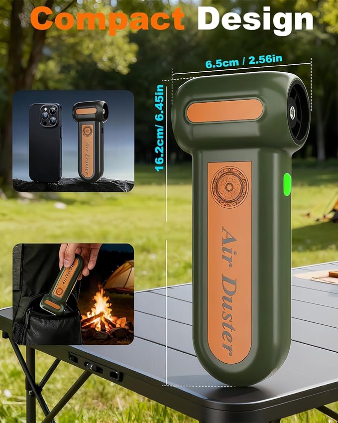 Super Powerful Compressed Air Duster, Rechargeable Duster Blower with LED Light & 4-Gear Adjustable 150KRPM Brushless Motor, Cordless Mini Blowe for Car, Home, Office, Camping (Green)