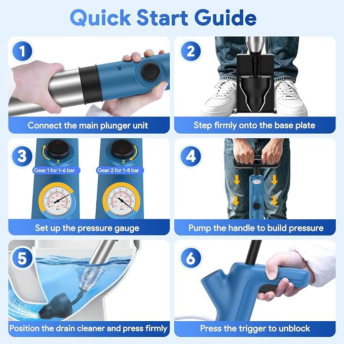 Granarbol High Pressure Toilet Plunger, Air Drain Blaster with Real-Time Gauge,Heavy Duty Toilet Auger & Drain Snake-Clog Remover for Toilets, Sinks, Floor Drains (Blue)