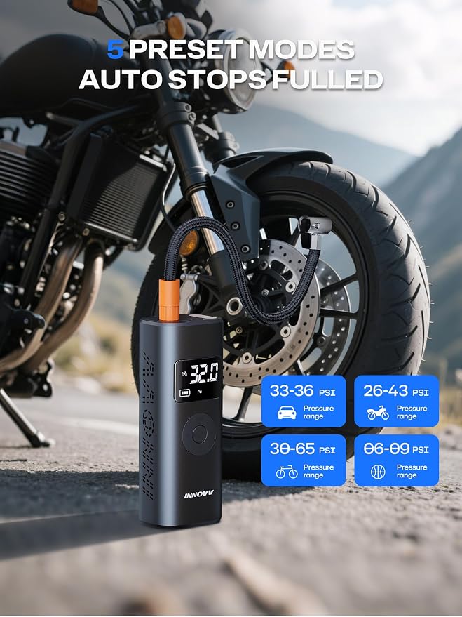 INNOVV P1 Aluminum Portable Tire Inflator, 150PSI, 3X Faster Cordless Air Compressor, Auto-Shutoff Electric Tire Pump with Digital Pressure Gauge & LED Light for Car, Motorcycle, Bike, Balls