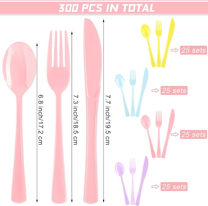 Kochorie 300 Pieces Graduation Pastel Plastic Silverware Heavy Duty Plastic Cutlery Set Heavyweight Disposable Utensils Includes Spoons Forks Knives for Birthday Wedding Dinner, Macaron Colors