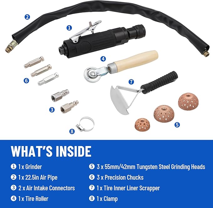 Air Tire Repair Polish Patch Tools, Include 2500rpm Low Speed Air Tire Buffer Tire Inner Liner Scrapper Patch Roller Tungsten Steel Buffing Wheel