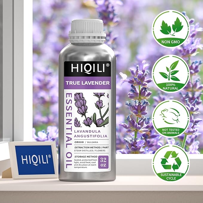 HIQILI Lavender Essential Oil Large Capacity, 100% Natural for Aromatherapy, DIY Candle & Soap Making, Skin Moisturizing. Suitable for Hotels, DIY Studios, Spas and Hair Salons - 1000ml/32 fl oz