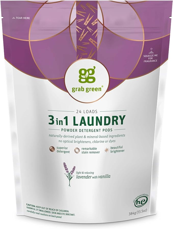 Grab Green 3-in-1 Laundry Detergent Pods, Lavender + Vanilla, 24 Count | Plant & Mineral-Based; Enzyme-Powered; Velcro Closure; Laundry Brightener; Stain Remover