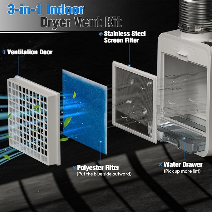 3-in-1 Indoor Dryer Vent, 4Pcs Polyester Filter, Stainless Steel Screen Filter, Lint Captured Water Drawer, Dryer Vent Cleaner Kit with Weight Control Safety Flap, Energy-saving, Improve Air Quality