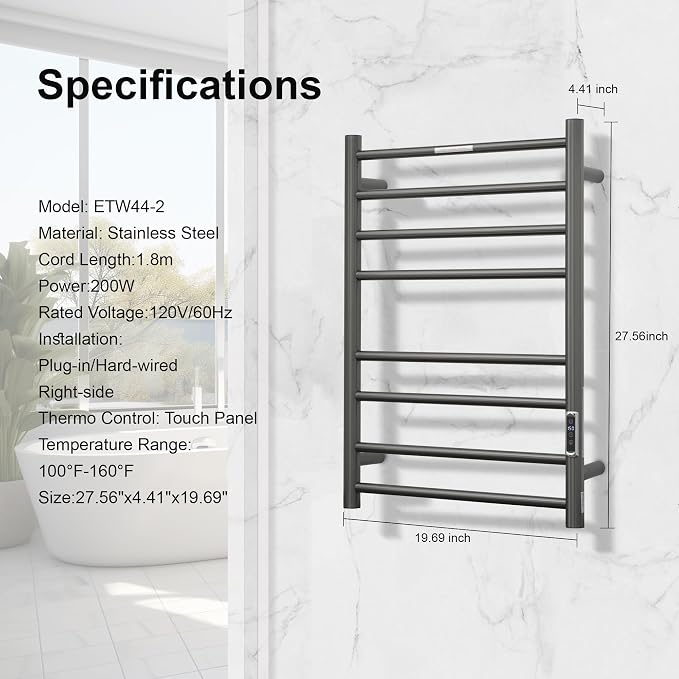 Electric Heated Towel Warmer - Wall Mounted Bathroom Towel Rack, Plug-in Design & Brushed Stainless Steel Finish 8 Bar Gunmetal with Timer & Temperature Control