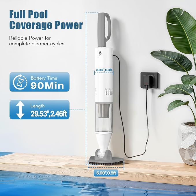 Cordless Pool Vacuum, Handheld Rechargeable Pool Cleaner, Powerful Suction, Extendable Pole, 90 Min Runtime for Above-Ground & Inground Pool, Spa, Hot tub