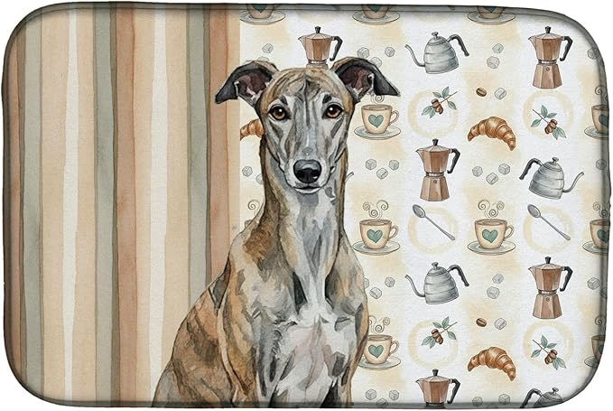 Caroline's Treasures Brindle Greyhound Coffee Bar Dish Drying Mat Absorbent Dish Drying Mat Pad for Kitchen Counter Dish Drainer Mat for Countertop, 14 x 21", Multicolor