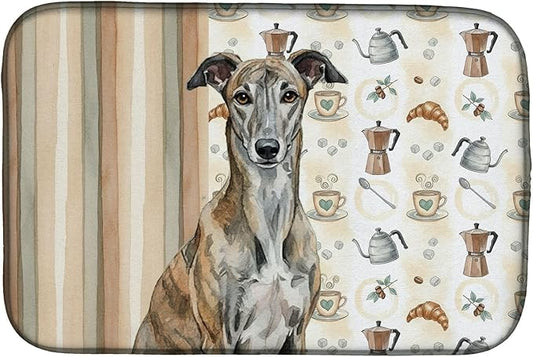 Caroline's Treasures Brindle Greyhound Coffee Bar Dish Drying Mat Absorbent Dish Drying Mat Pad for Kitchen Counter Dish Drainer Mat for Countertop, 14 x 21", Multicolor
