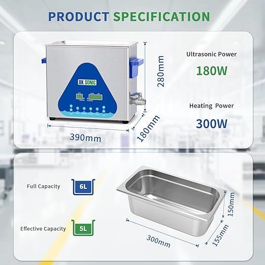 DK SONIC Ultrasonic Cleaner 6L,180W Industrial Ultrasonic Parts Cleaner with Heater&Timer, Digital Control&Basket, Multiple Functions for Motorcycle Engines,Carburetors, Chains