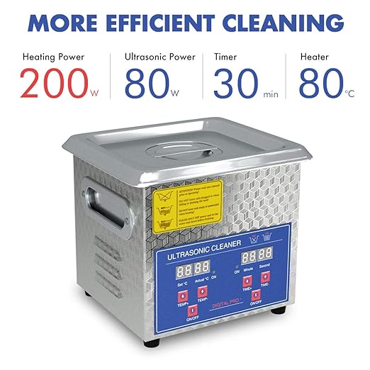 Ultrasonic Parts Cleaner 200W Heated 2L (1.5L liquid capacity) for Small Carburetors Injectors Guns Bullets Brass and Jewelry Professional Stainless Steel Ultrasonic Bath Upgrade