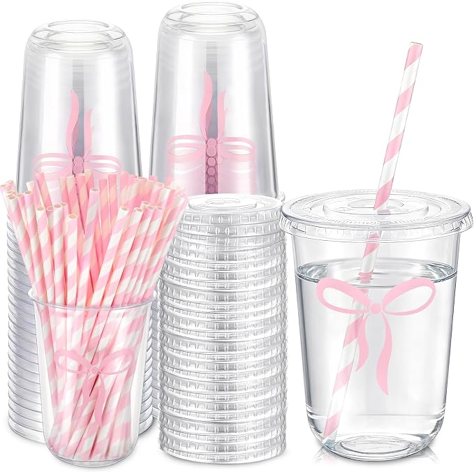 LemonRoad 50sets 16 oz Cute Pink Bow Cups Pink Birthday Party Decorations Supplies Cute Plastic Cups Disposable with Lids and Straws for Valentines Galentines Day Christmas Wedding Baby Shower