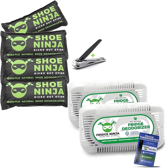 Earth Ninja Home & Shoe Freshness Bundle – Fridge Ninja (2 Pack) + Charcoal Shoe Deodorizer Inserts (4 Pack with Nail Clippers) – Natural Activated Charcoal Odor Eliminators for Fridge, Shoes, Gym Bag