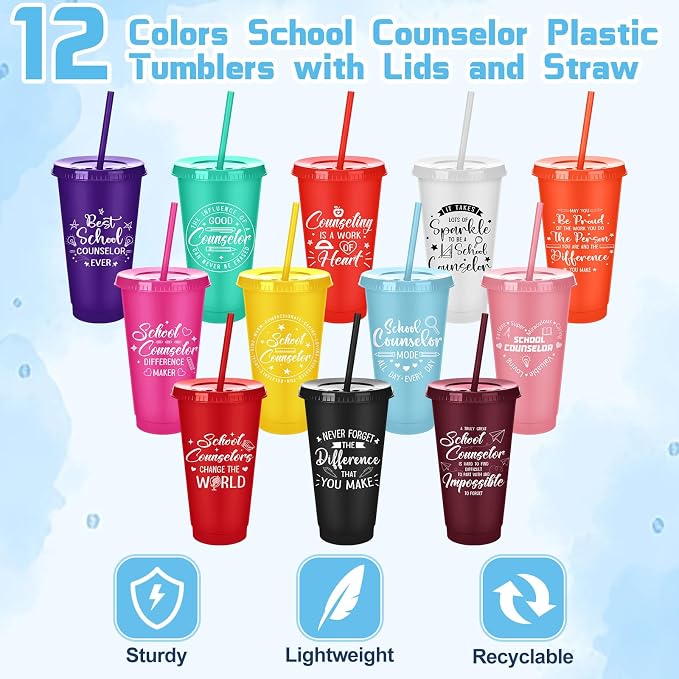 Meanplan 24 Pcs School Counselor Gifts Bulk 24 oz Plastic Tumbler with Lids and Straws Thank You Cups Travel Mugs Inspirational School Teacher Appreciation Week Gifts for Women Men