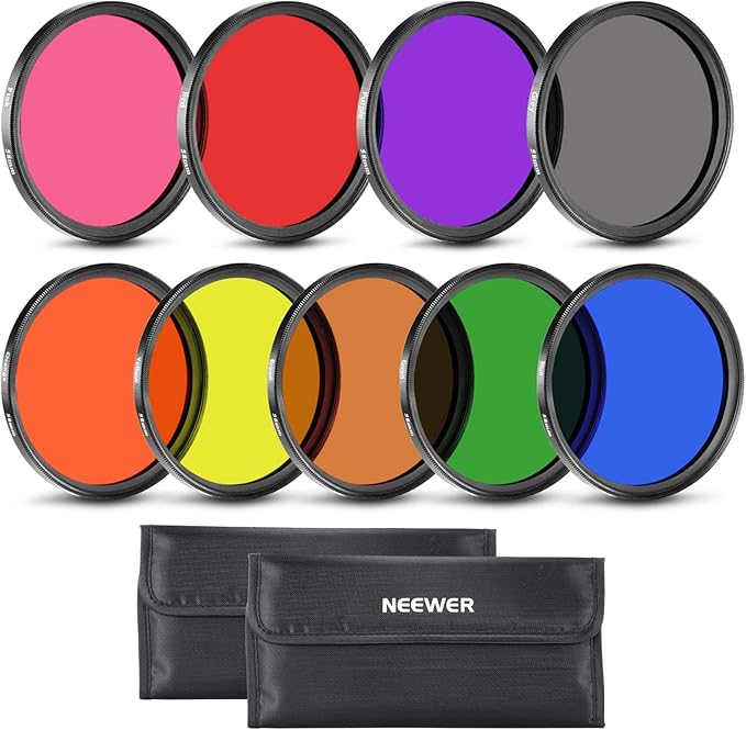 NEEWER 9PCS Full Color Lens Filter Set, 58mm Resin Lens Filters with Red, Orange, Blue, Yellow, Green, Brown, Purple, Pink, Gray Color Available with 2 Pouches, Camera Lens Accessories