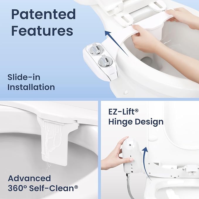 LUXE Bidet NEO 185 Plus - Dual Nozzle, Non-Electric Bidet Attachment for Toilet Seat, Patented Slide-In Install, 360° Self-Clean, EZ-Lift to Clean, Feminine & Rear Wash (Gold)