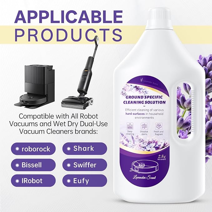 2.5 L Floor Cleaning Solution Lavender Scent Compatible with Roborock/Shark/Bissell/Swiffer/IRobot/Eufy Quick Drying Without Residue Suitable for All Robot Vacuums and Wet Dry Dual-Use Vacuum Cleaners