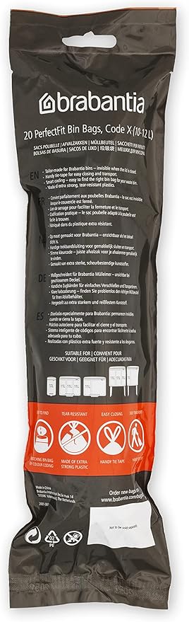 Brabantia PerfectFit Trash Bags (Size X/2.6-3.2 Gal) Thick Plastic Trash Can Liners with Drawstring Handles (200 Bags)