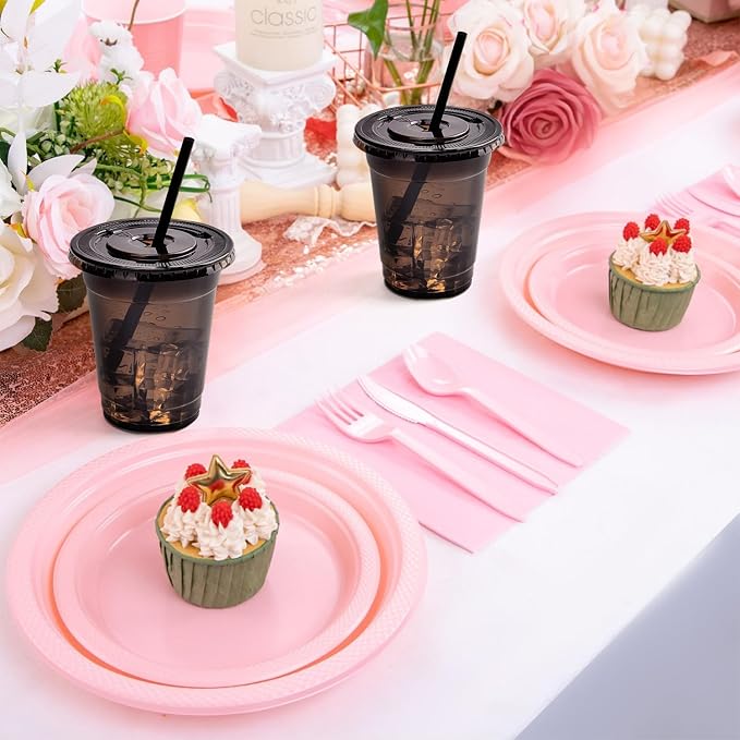 100 Set Black Plastic Cups with Lids and Straws 12 oz Disposable Drinking Clear Cups for Wedding Black Birthday Party Supplies
