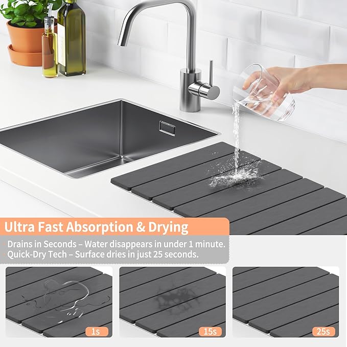 HotFox Dish Drying Mat for Kitchen Counter – Quick Dry Stone Drying Mat, Foldable Diatomaceous Earth Pad, Non-Slip Kitchen Sink Drying Mat, Large Fast Drying Stone Mat for Dishes, Coffee Maker, Grey