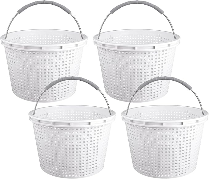 Pool Skimmer Basket for Inground Pool Compatible with Pentair U-3 Skimmer Basket 08650-0007 and Hayward SP1070 Pool Basket Stainless Steel Handle Rubber Grip & Built in Weighting White 4 Pack